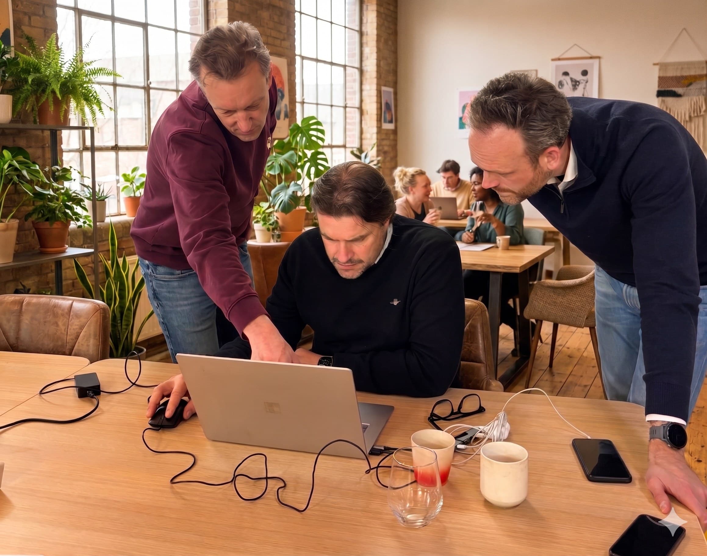 Workshopbegeleider kijkt met een deelnemer mee op diens eigen werk op een laptop